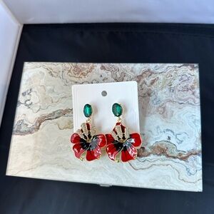 ASOS Red and Black Floral Earrings with Green Accent